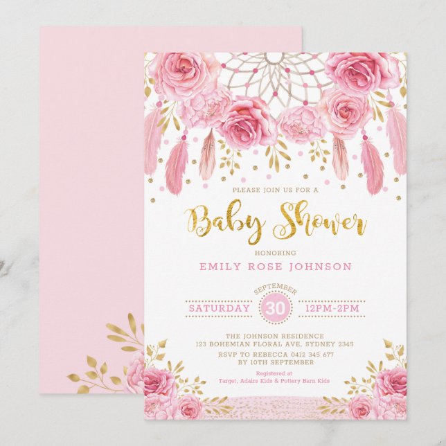 Baby shower för Boho roDreamcatcher rosa guld- Inbjudningar (Fram/baksida)