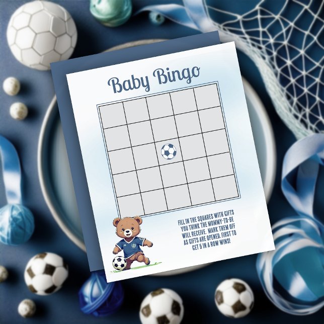 Baby Shower för Boy Barly Wait Soccer Player (Cute Blue Teddy Bear Soccer Player Boy Baby Shower "Baby Bingo" Game Card)