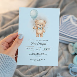 Baby Shower for Boy Blue Balloon, Teddy Bear & Bow Inbjudningar