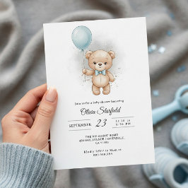 Baby Shower for Boy Blue Balloon, Teddy Bear & Bow Inbjudningar