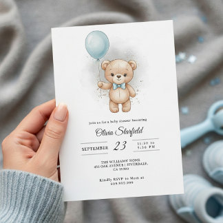 Baby Shower for Boy Blue Balloon, Teddy Bear & Bow Inbjudningar