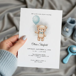Baby Shower for Boy Blue Balloon, Teddy Bear & Bow Inbjudningar