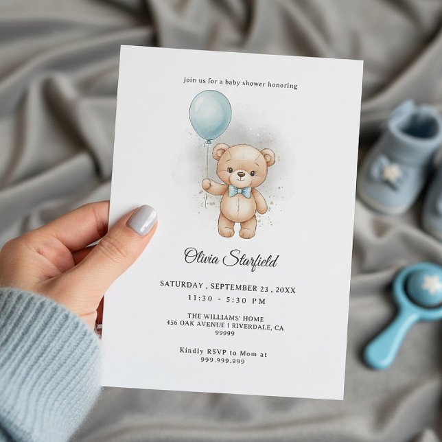 Baby Shower for Boy Blue Balloon, Teddy Bear & Bow Inbjudningar (Skapare uppladdad)