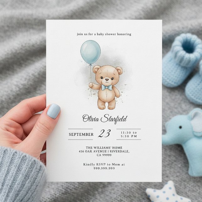 Baby Shower for Boy Blue Balloon, Teddy Bear & Bow Inbjudningar (Skapare uppladdad)