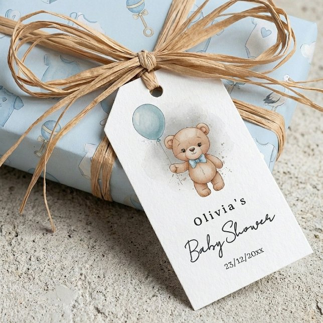 Baby Shower for Boy Blue Balloon, Teddy Bear & Bow Presentetikett (Skapare uppladdad)