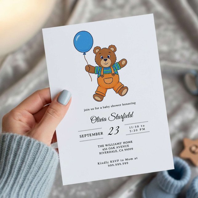Baby Shower for Boy Blue Balloon, Teddy Bear   Inbjudningar (Skapare uppladdad)