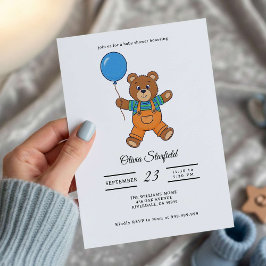 Baby Shower for Boy Blue Balloon, Teddy Bear  Inbjudningar