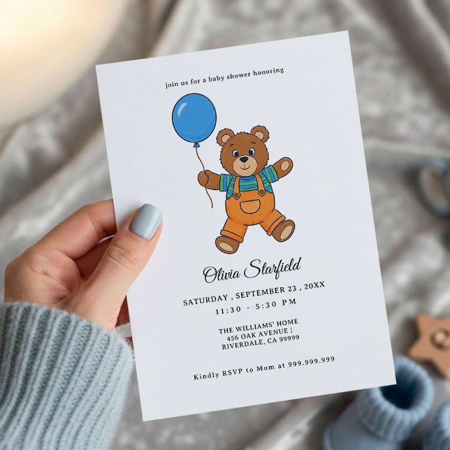 Baby Shower for Boy Blue Balloon, Teddy Bear  Inbjudningar (Skapare uppladdad)