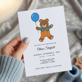 Baby Shower for Boy Blue Balloon Teddy Bear   Inbjudningar