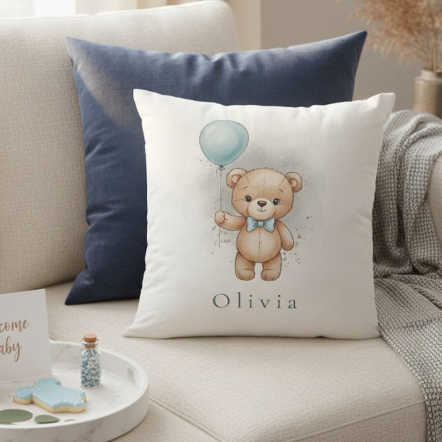 Baby Shower for Boy – Blue Balloon Teddy Bear Kudde (Skapare uppladdad)