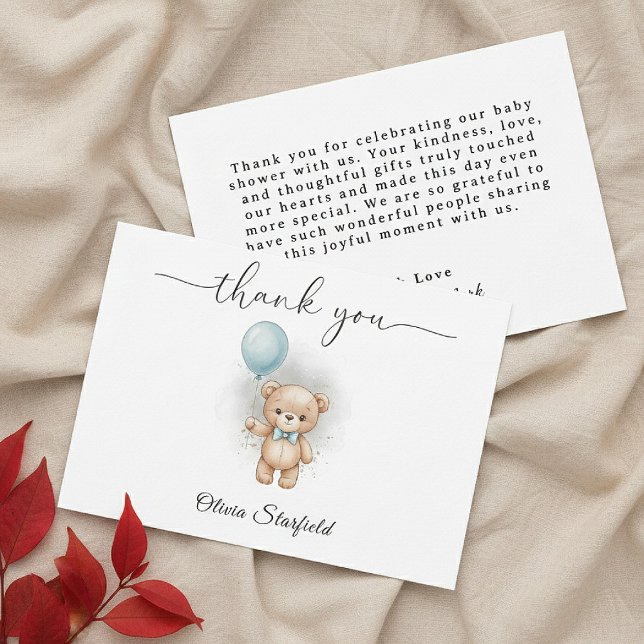 Baby Shower for Boy Blue Balloon Teddy Bear   Tack Kort (Skapare uppladdad)