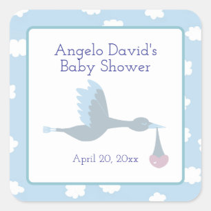Baby Shower for Boy Stork with Blå himmel and Clou Fyrkantigt Klistermärke