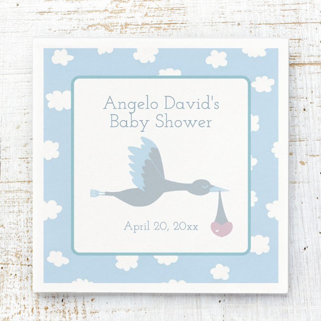 Baby Shower for Boy Stork with Blå himmel and Clou Pappersservett (Baby Shower Napkin Stork)