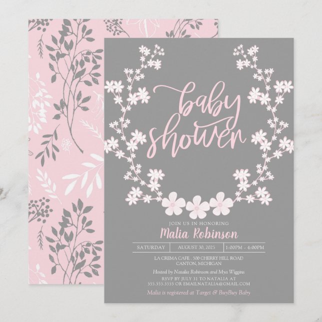 Baby shower för brudslöjakranblommigt inbjudningar (Fram/baksida)