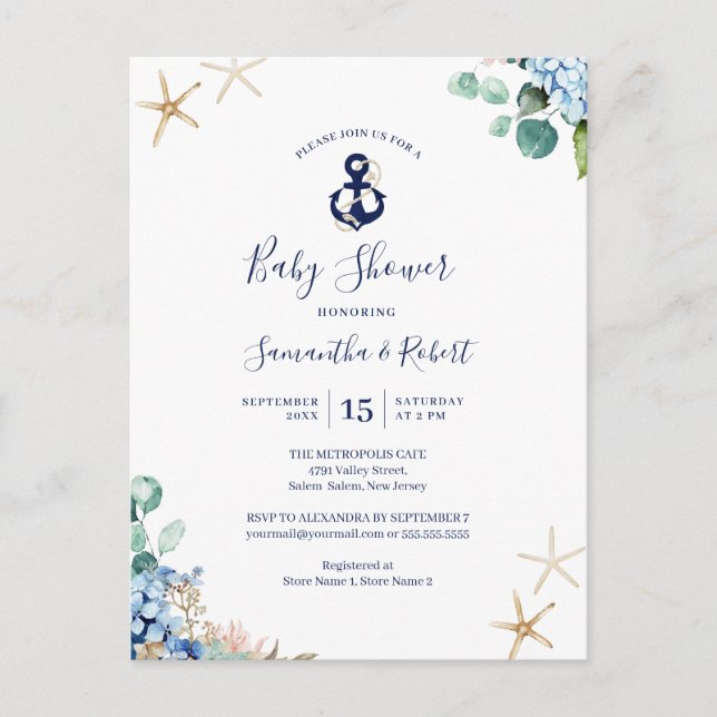Baby Shower för budgetannchor Blue Nautical Blommi Inbjudan Vykort (Framsida)