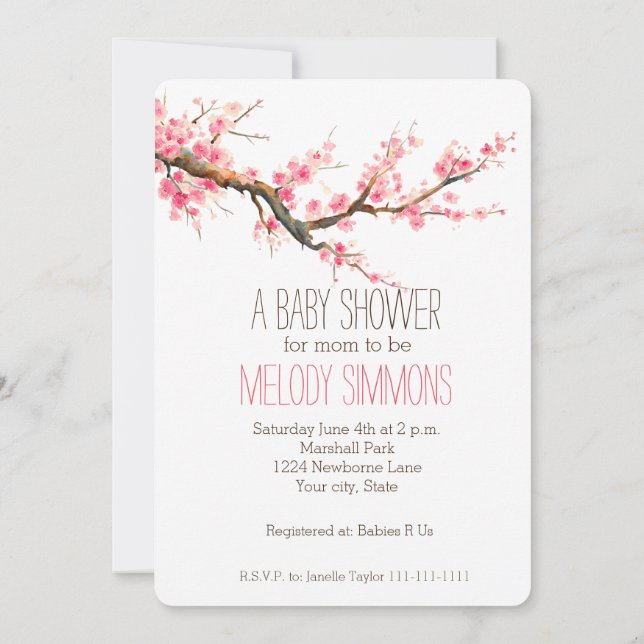 Baby Shower för Cherry Blommar Flowers Baby Shower Inbjudningar (Baksida)