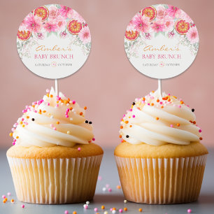 Baby Shower för Citrus Rosa Watercolor Flowers Runt Klistermärke