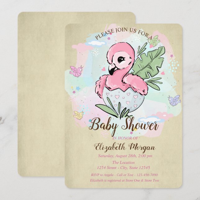 Baby Shower för Cute Baby Rosa Flamingo Butterflie Inbjudningar (Fram/baksida)