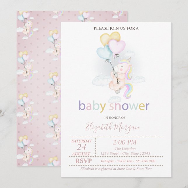 Baby Shower för Cute Baby Unicorn-ballonger Inbjudningar (Fram/baksida)