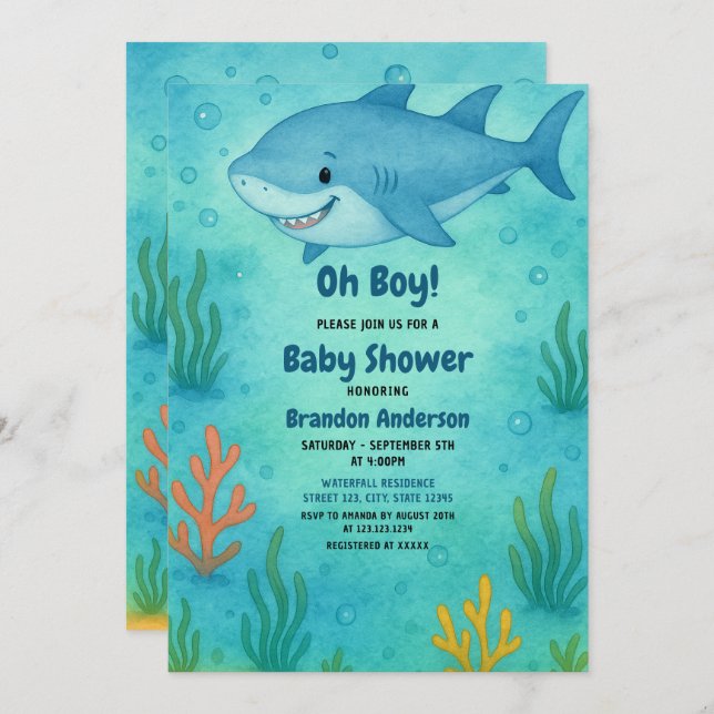 Baby Shower för Cute Blue Ocean Shark Boy Inbjudningar (Fram/baksida)
