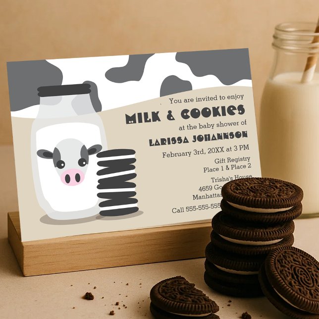 Baby Shower för Cute Cow och Mjölk och Cookies Bei Inbjudningar (Cute Cow and Milk and Cookies Beige Baby Shower Invitation )