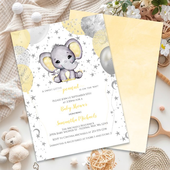 Baby Shower för Cute Elephant Gult Ballons Inbjudningar (Cute Elephant Yellow Balloons Baby Shower Invitation)