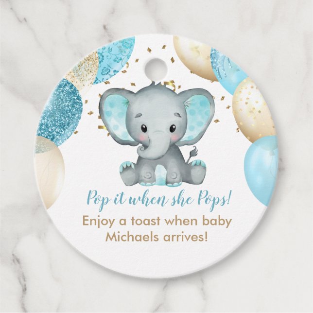 Baby Shower för Cute Elephant Turquiose Guld-ballo Gåvor Etiketter (Framsida)