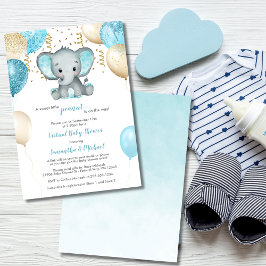 Baby Shower för Cute Elephant Turquiose Guld-ballo Inbjudningar