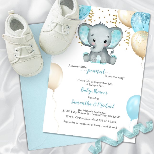 Baby Shower för Cute Elephant Turquiose Guld-ballo Inbjudningar (Cute Elephant Turquiose Gold Balloons Baby Shower Invitation)