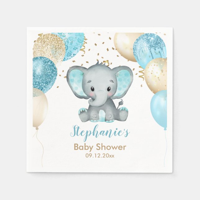 Baby Shower för Cute Elephant Turquiose Guld-ballo Pappersservett (Framsidan)