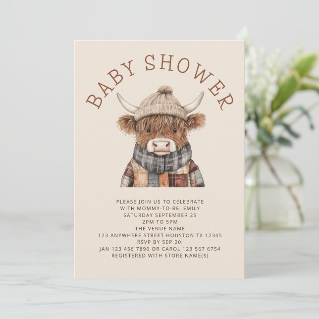 Baby Shower för Cute Highland Cow Cream Inbjudningar (Stående Fram)