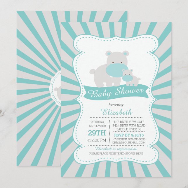 Baby Shower för Cute Mamma och Baby Hippo Boys Inbjudningar (Fram/baksida)