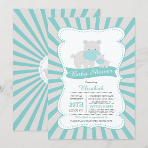 Baby Shower för Cute Mamma och Baby Hippo Boys Inbjudningar