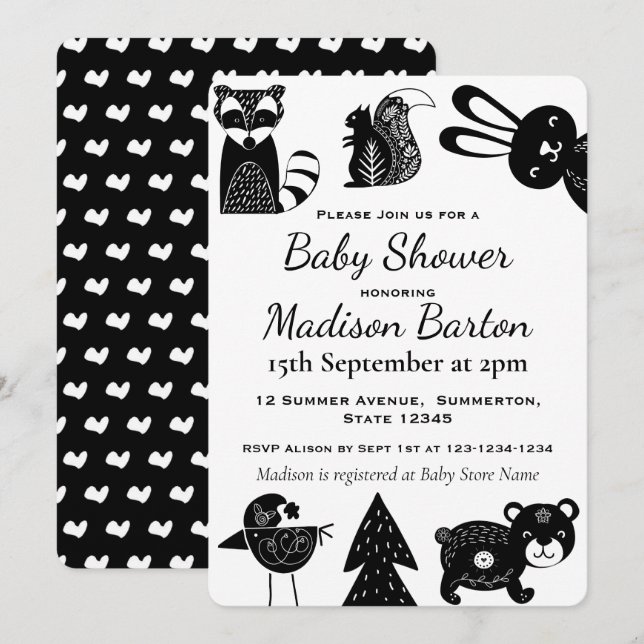 Baby Shower for Cute Modern Nordic Woodland Animal Inbjudningar (Fram/baksida)