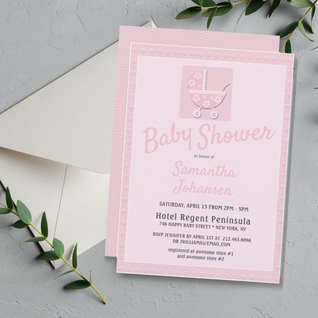 Baby Shower för Cute Rosa Baby Carriage Girls Baby Inbjudningar (Cute Pink Baby Carriage Baby Shower Invitation)
