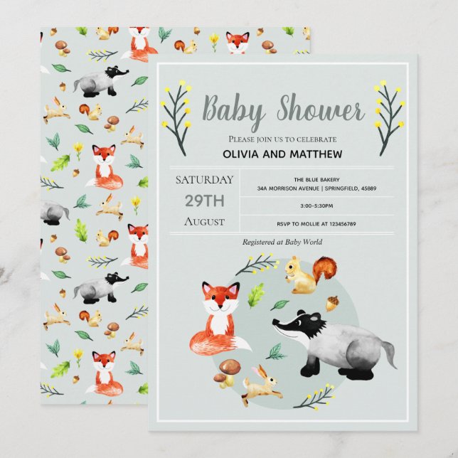 Baby Shower för Cute Rustic Woodland Forest Animal Inbjudningar (Fram/baksida)