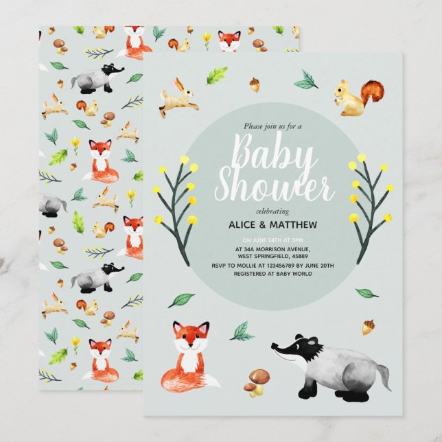 Baby Shower för Cute Rustic Woodland Forest Animal Inbjudningar (Fram/baksida)