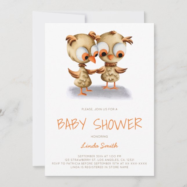Baby Shower för Cute Twin Uggla Inbjudningar (Framsida)
