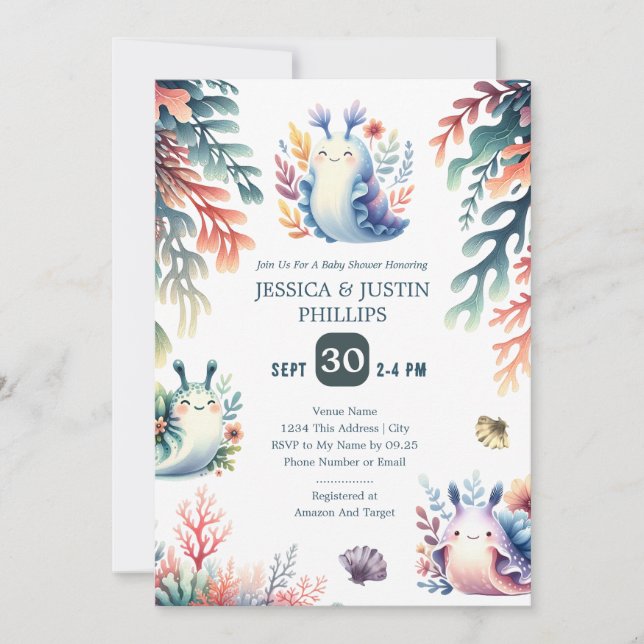 Baby Shower för Cute Watercolor Sea Slugs Inbjudningar (Framsida)