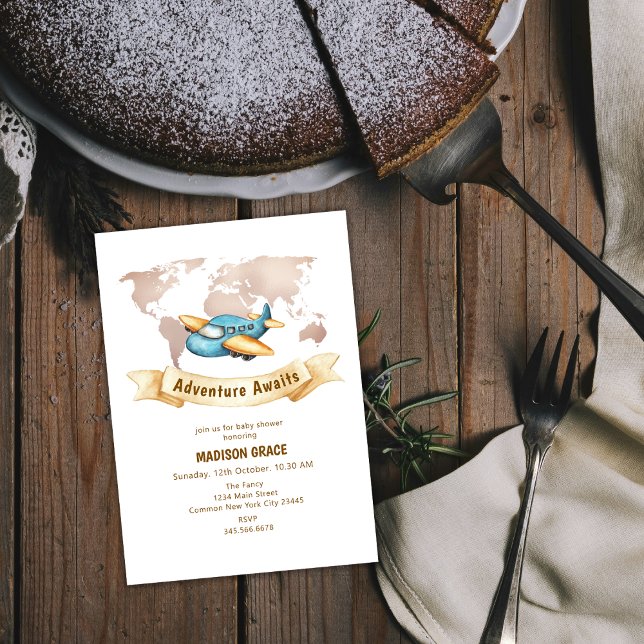 Baby Shower för det moderna Äventyr-världsschemat Inbjudningar (Modern Adventure World Map Airplane Baby Shower Invitation)