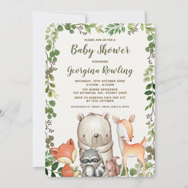 Baby shower för djur för grönskaskogsmarkskog inbjudningar (Framsida)