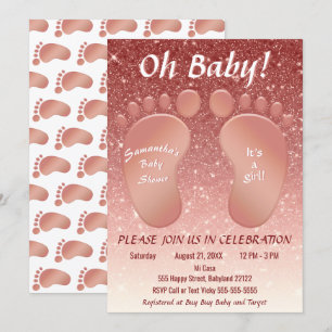 Baby Shower för flicka Baby Feet Ro Guld Glitter Inbjudningar