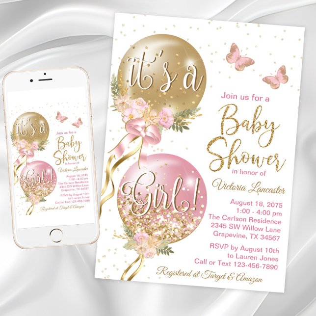 Baby Shower för flicka Balloon Inbjudningar (Girl balloon and butterfly pink and gold baby shower invitation. Digital and printed available.)