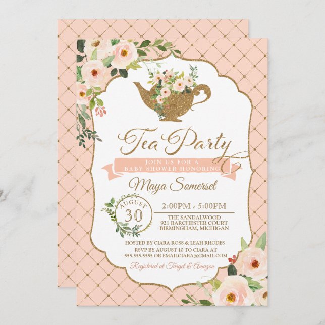 Baby shower för flicka för rodnad för Teapartylyx Inbjudningar (Fram/baksida)