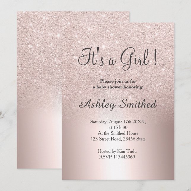 Baby shower för flicka för rosa guld- glitterombre inbjudningar (Fram/baksida)