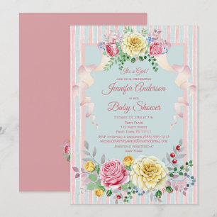 Baby shower för flicka för rosablått blom- inbjudningar