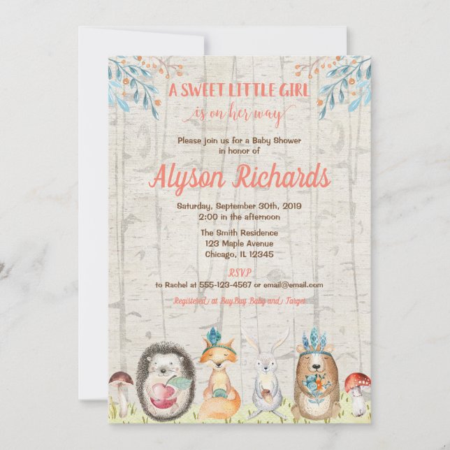 Baby shower för flicka för skogsmark för inbjudningar (Framsida)