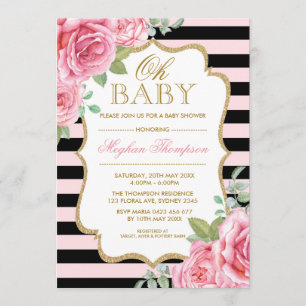 Baby shower för flicka för svart guld- blommigt inbjudningar