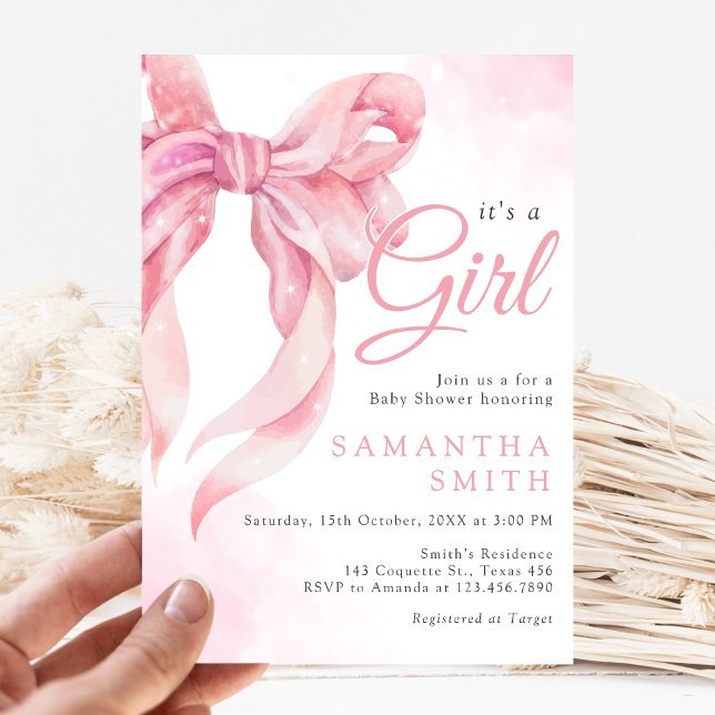 Baby Shower för flicka med rosa rosett Inbjudningar (Pink Bow Coquette Girl Baby Shower Invitation)