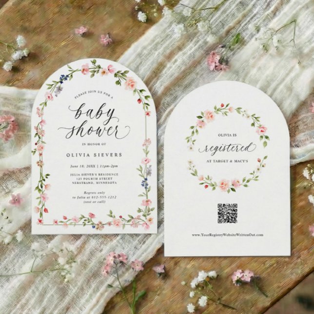 Baby Shower för Flicka Rosa Akvarell Blommig Båge Inbjudningar (Baby girl shower invitation with pink watercolor floral arch and elegant script text)